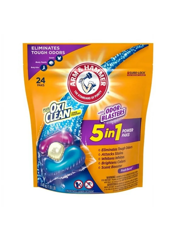 ARM & HAMMER Plus OxiClean With Odor Blasters LAUNDRY DETERGENT 5-IN-1 Power Paks, 24CT (Packaging may vary) 1 Pack