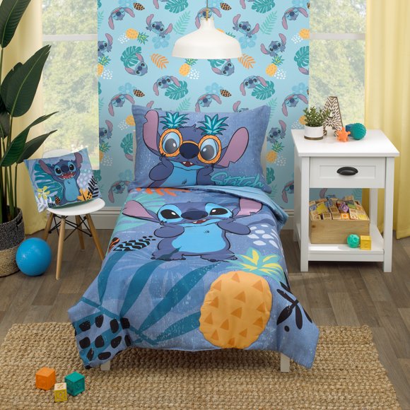 Disney Stitch 4 Piece Toddler Bed Set, Teal and Purple, Comforter, Fitted Sheet, Top Sheet, Pillowcase, Unisex