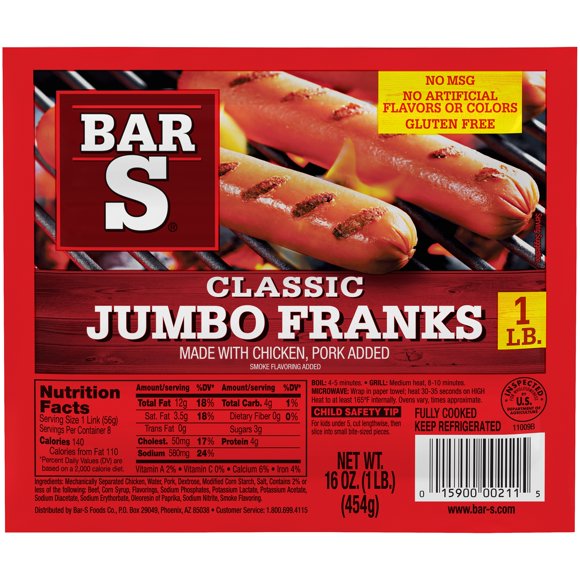 Bar-S Classic Jumbo Franks Hot Dogs, 8 Franks per Package, 1 lb Pack