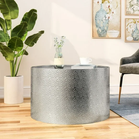 28" Silver Finish Contemporary Round Coffee Table with Hammered Surface