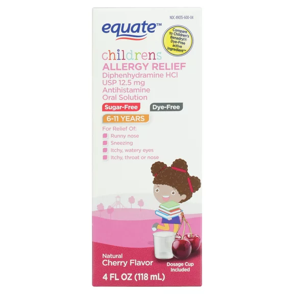 Equate Children's Allergy Relief Oral Solution, Cherry Flavor, Liquid, over the Counter, 4 fl oz