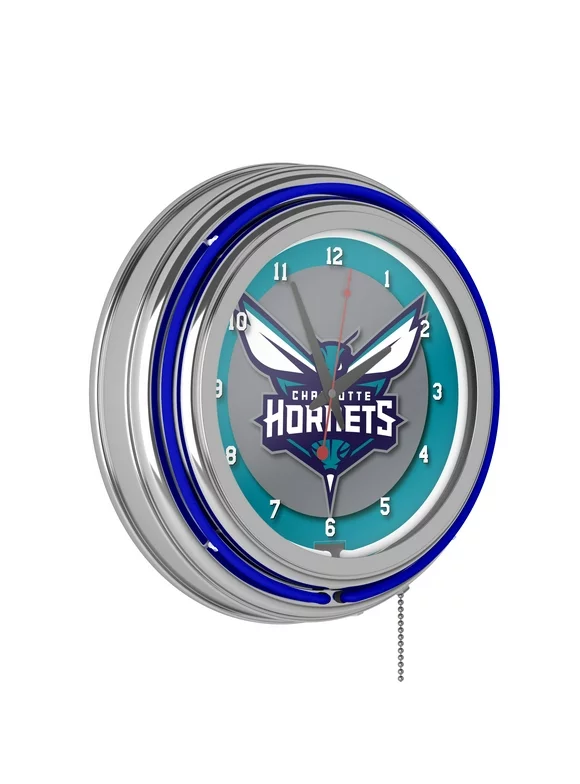 Charlotte Hornets NBA Chrome Double Ring Neon Clock