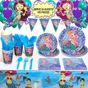 Mermaid Birthday Party Supplies (193 Pieces) for 24 Guests, Under the Sea Arial Birthday Party Decorations - Mermaid Cups, Plates, Napkins, Cutlery, Table Cover, Balloons and Happy Birthday Banner