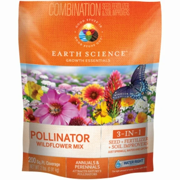 Earth Science Pollinator Wildflower Seed, Fertalizer and Soil Improver, 200 sq ft of coverage, 2 Lbs, Aunnual and Perenial, Full Sun