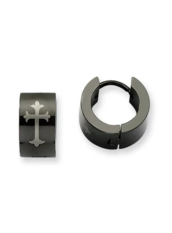 Primal Steel Stainless Steel Black IP-plated Round Hinged Hoop with Cross Earrings