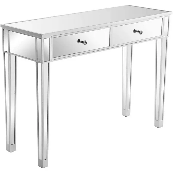 Ktaxon 2-Drawer Mirrored Vanity Makeup Table - Mirrored Console Desk Vanity Furniture Nightstand Glass Bedside Table, Silver