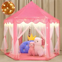 55" x 53" Princess Tent Star Lights, Girls Large Pink Playhouse, Kids Castle Play Tent for Children Indoor and Outdoor Games