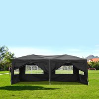 10x20 ft Outdoor Party Tent Beach Canopy, Folding Backyard Tent for Parties with 6 Sidewalls, 4 Windows, Heavy Duty Wedding Camping Tent with Carrying Bag, Anti-UV Screened Canopy Tents, Black, Q10043