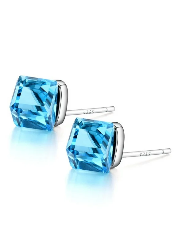Sterling Silver 2.5 ct. Created Blue Topaz Square Shape Cube Stud Earrings