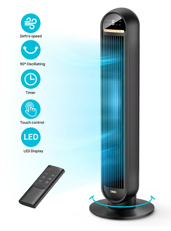 Dreo Tower Fans for Home, 2023 NEW 36" Standing Floor Fan with Remote, 90 Oscillating Fan, 24 ft/s High Velocity, LED Display, 4 Speeds, 4 Modes, 8H Timer, Quiet Bedroom Fan