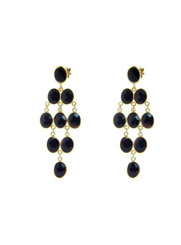 Sterling Silver Black Natural Stone Chandelier Earrings dipped in 18k Gold