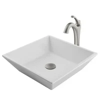 KRAUS Elavo 16-inch Square White Porcelain Ceramic Bathroom Vessel Sink and Spot Free Arlo Faucet Combo Set with Pop-Up Drain, Stainless Brushed Nickel Finish
