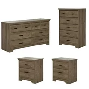 4 Piece Double Dresser 5 Drawer Dresser and 2 Nightstands Set in Weathered Oak