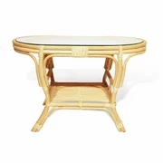 Pelangi Coffee Oval Table w/Glass Top Natural Rattan Wicker Handmade Design, White Wash