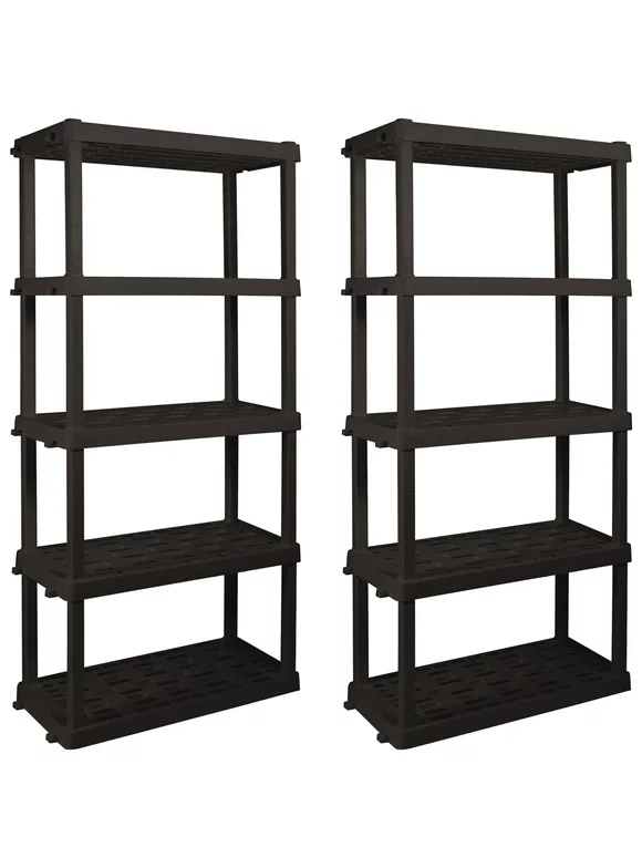 Hyper Tough 74" H x 18" D x 36" W 5 Shelf Plastic Garage Shelves, Pack of 2 Storage Shelving, Black 750 lbs Capacity