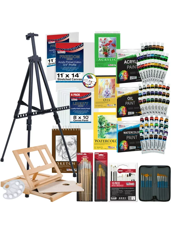 U.S. Art Supply 133-Piece Deluxe Ultimate Artist Painting Set with Aluminum and Wood Easels, 72 Paint Colors, 24 Acrylic, 24 Oil, 24 Watercolor, 8 Canvases, 44 Brushes, 4 Painting & Sketch Pads & More