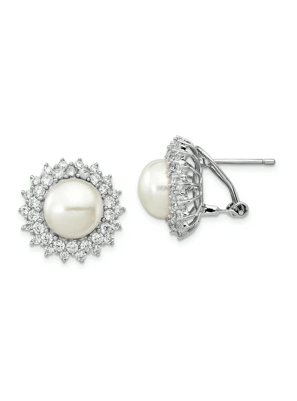 Sterling Silver Cubic Zirconia FW Cultured Pearl Omega Back Stud Earrings