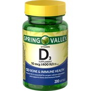 Spring Valley Vitamin D3 Softgels, 10 mcg per Softgel, 400 IU, 200 Count