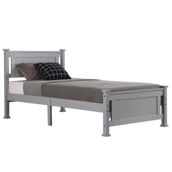 Ktaxon Twin Bed Frame,Solid Pine Wood Twin Platform Bed Frame, Bedroom Twin Bed with Headboard for Adults, Gray, 75.04"L*38.98"W*37.8"H