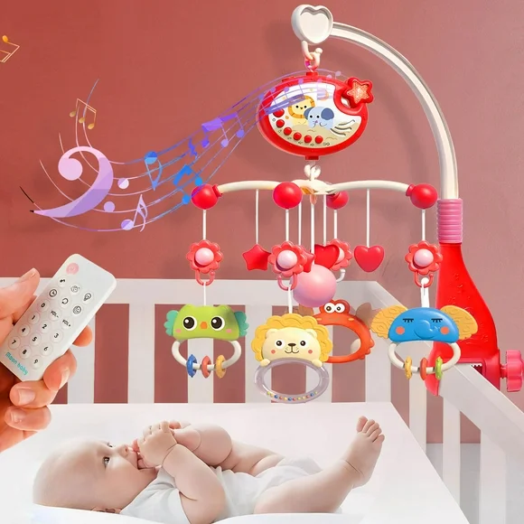 Baby Crib Mobile with Music and Lights, Mobile for Crib with Remote Control, Hanging Rotating Animals Rattles, Moon and Star Projection, Baby Crib Toys for Boys Girls