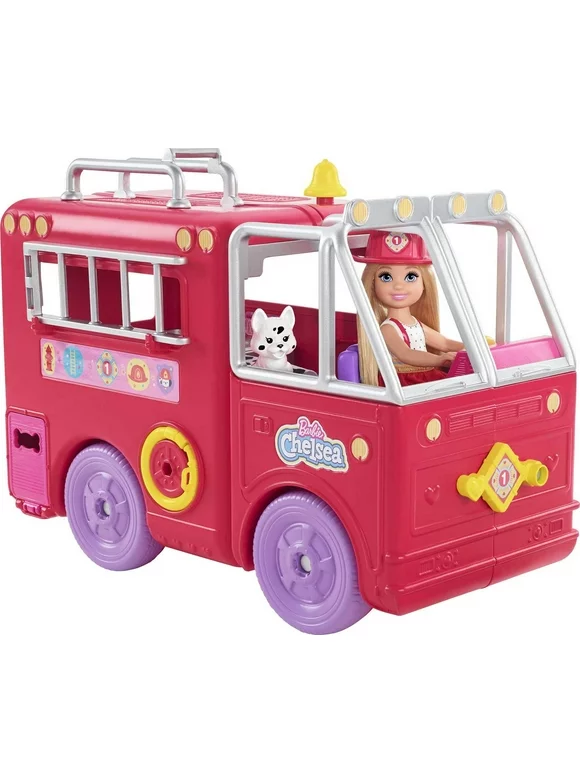 Barbie Chelsea Can Be Fire Truck Playset with Blonde Doll, 2 Pets & 15+ Accessories, Open for Station
