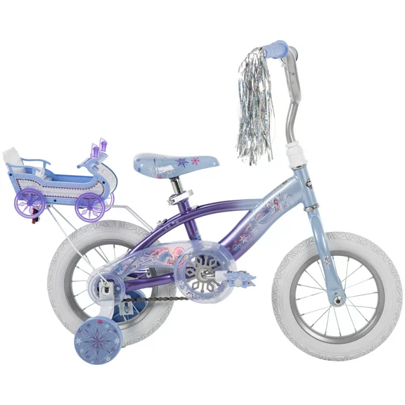 Disney Frozen Bike with Doll Carrier Sleigh for Girl's, 12 In., White and Purple by Huffy