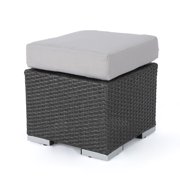 Malibu Outdoor 16 Inch Wicker Ottoman Seat with Water Resistant Cushion, Grey and Silver