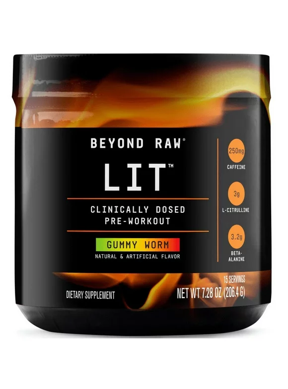 Beyond Raw LIT Pre-Workout Powder, Gummy Worm, 250mg Caffeine, 7.44 oz