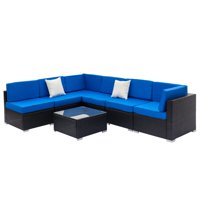 Ktaxon 7pcs Outdoor Patio Garden Rattan Furniture Sectional Rattan Wicker Sofa Set with Blue Cushions