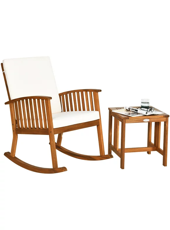 Costway 2PCS Acacia Wood Patio Rocking Chair Set Cushioned Coffee Table