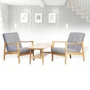 Living Room Lounge Set of 2 Tommy Chairs and Nicky Rectangular Coffee Table Modern Solid Wood Beech Color with Light Gray Cushion