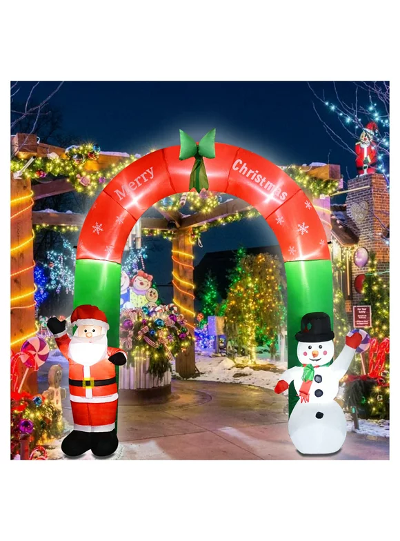 Melliful 8FT Tall Christmas Inflatables  Archway Outdoor Decorations Built-in LED Lights Santa Claus and Snowman Decor