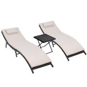 Walnew 3 PCS Patio Furniture Outdoor Lounge Chairs Folding Lawn Poolside Patio Chaise Lounge Sets PE Rattan Chaise Lounges with Side Table and Beige Cushion