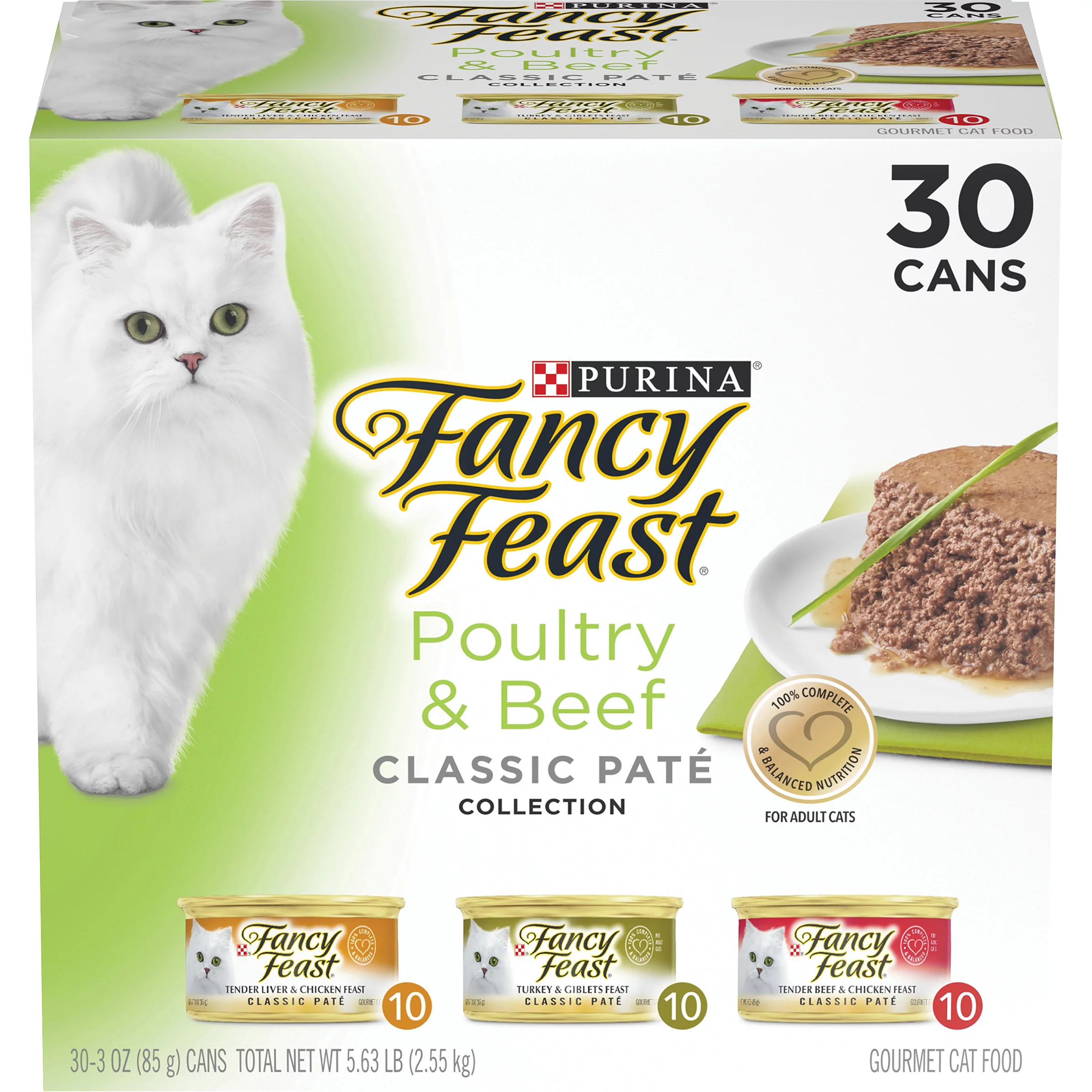 (30 Pack)  Fancy Feast Grain Free Pate Wet Cat Food Variety Pack, Poultry & Beef Collection, 3 oz. Cans