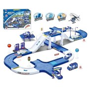 Police city track toy - with garage, car wash and gasoline. includes 2 cars, 1 truck crane, 1 helicopter