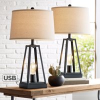 Franklin Iron Works Industrial Table Lamps Set of 2 with USB Port Nightlight LED Dark Metal Oatmeal Fabric Shade for Living Room
