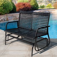 Outdoor Patio Garden Porch Bench Loveseat Glider Chair Black 2 Person Wicker with Rocker Black Steel Frame Waterproof
