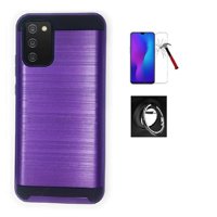 For Samsung Galaxy A02s/ A025M, Dual Layer Slim Metallic Brushed Shock Resistant Protective Cover + Ring/ Kickstand / Tempered Glass (Purple)