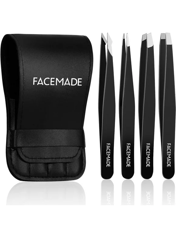 FACEMADE 4 Pcs Tweezers Set, Stainless Steel Hair Removal Makeup Tool, Gift, Black