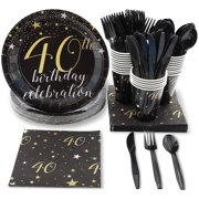 Serves 24 40th Birthday Black and Gold Celebration Party Supplies, 144PCS Plates Napkins Cups Knives Spoons Forks, Favors Decorations Disposable Paper Tableware Dinnerware Kit Set Bulk for Men Women