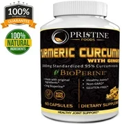 Pristine Food's Turmeric Curcumin Supplement with Ginger BioPerine Black Pepper Extract Best Joint Pain Relief Anti-Inflammatory Antioxidant Anti-Aging Support 60 Capsules