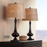 Franklin Iron Works Modern Rustic Table Lamps Set of 2 with USB Charging Port Bronze Faux Leather Drum Shade Living Room Bedroom