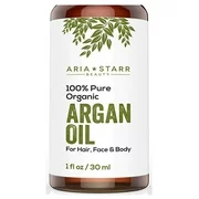 Aria Starr Beauty ORGANIC Argan Oil For Hair, Skin, Face, Nails, Beard & Cuticles - Best 100% Pure Moroccan Anti Aging, Anti Wrinkle Beauty Secret, EcoCert Certified Cold Pressed Moisturizer 1oz