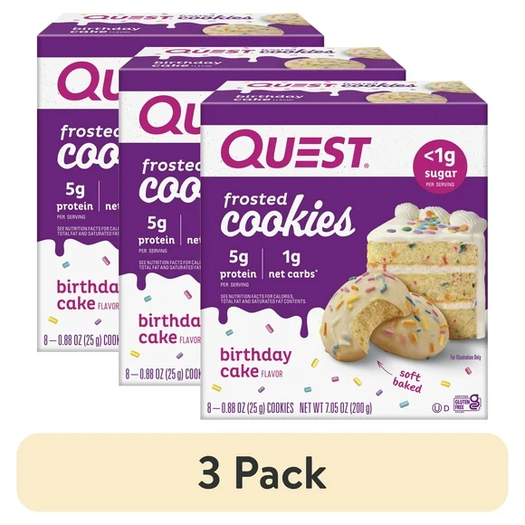 (3 pack) Quest Frosted Protein Cookies, Low Carb, Gluten-Free, Birthday Cake, 8 Ct