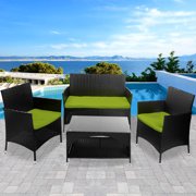 4 PC Rattan Patio Furniture Set, Wicker Bar Set with 2pcs Arm Chairs 1pc Love Seat & Coffee Table, Outdoor Conversation Sets, Dining Sets for Backyard Poolside Garden, Green Cushions, W7732