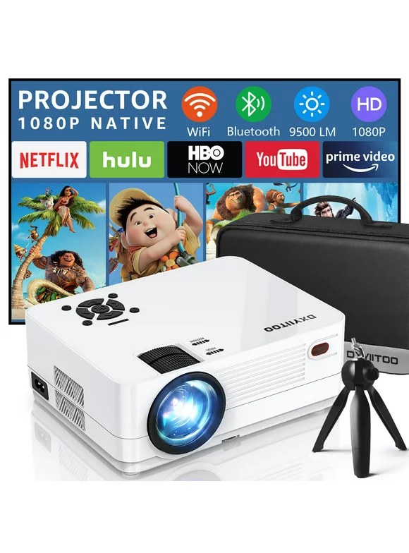 Dxyiitoo Native 1080P HD Projector with WiFi and  Bluetooth, Movie Projector for Outdoor Movies, LCD Technology 300"Display Projector Support 4k Home Theater, (Projector with Tripod)