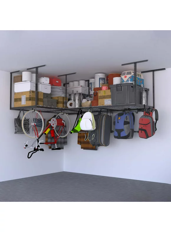 MonsterRAX 4x8 Overhead Garage Storage Rack with Accessory Hooks (Hammertone, 18" - 33", 2 -Pack).