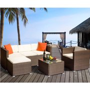 Outdoor Wicker Sectional Seating for Patio, 2021 Upgrade 4-Piece Conversation Furniture Set w/Sectional Chaise Longue, Tempered Glass Coffee Table, 7 Padded Cushions, Ottoman, 705lbs, S2023