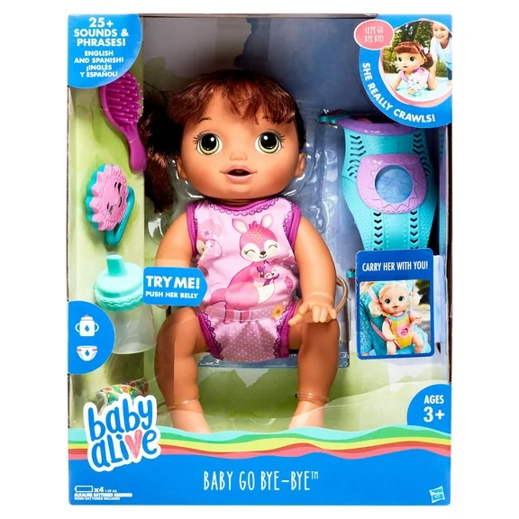 Baby Alive Baby Go Bye Bye Brown Hair Talking Baby Doll, 6 Doll Accessories, Ages 3 