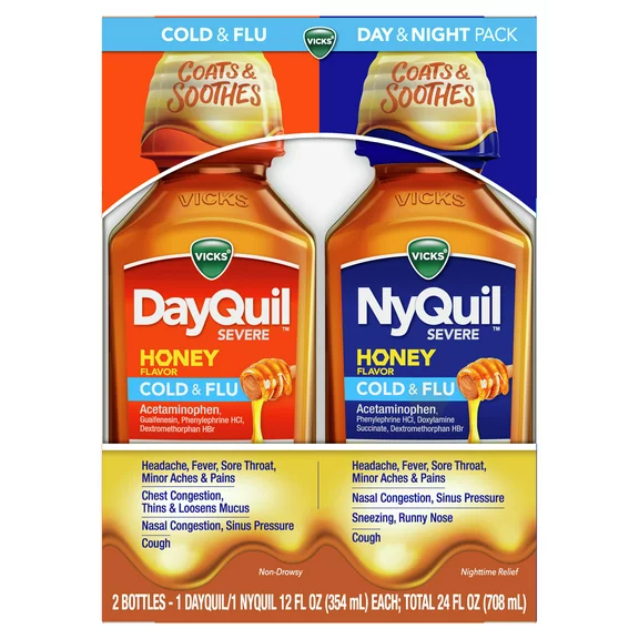 Vicks DayQuil and NyQuil Severe Cold & Flu, Honey, Liquid over- the-Counter Medicine, 2x12 fl. oz.